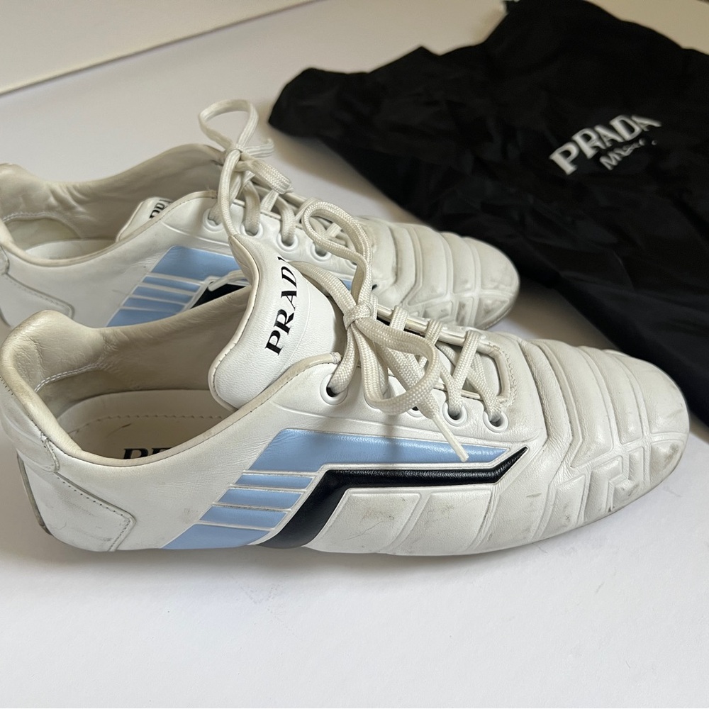 Prada womens White Leather Sneakers with Light Blue and Black Accents size 36 - Picture 3 of 13